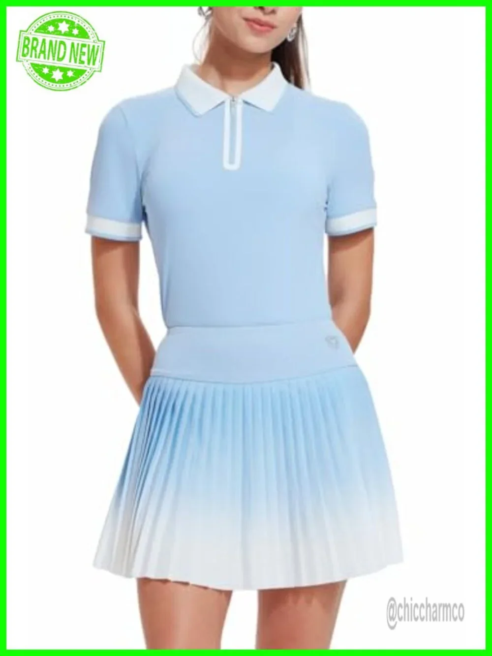 2 Piece Tennis Skort Set with Built-in Shorts, Pleated A-Line, Zipper Polo Top,